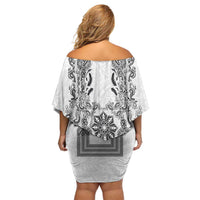Philippines Barong Style Off Shoulder Short Dress with Polynesian Art and Leaf Motif Black-White Color LT03 - Polynesian Pride