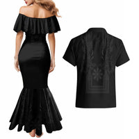 Philippines Barong Style Couples Matching Mermaid Dress and Hawaiian Shirt with Polynesian Art and Leaf Motif Black Color LT03 - Polynesian Pride