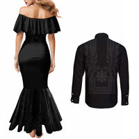 Philippines Barong Style Couples Matching Mermaid Dress and Long Sleeve Button Shirt with Polynesian Art and Leaf Motif Black Color