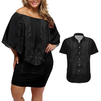 Philippines Barong Style Couples Matching Off Shoulder Short Dress and Hawaiian Shirt with Polynesian Art and Leaf Motif Black Color LT03 Black - Polynesian Pride