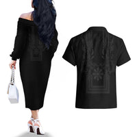 Philippines Barong Style Couples Matching Off The Shoulder Long Sleeve Dress and Hawaiian Shirt with Polynesian Art and Leaf Motif Black Color