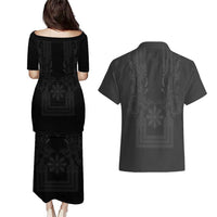 Philippines Barong Style Couples Matching Puletasi and Hawaiian Shirt with Polynesian Art and Leaf Motif Black Color