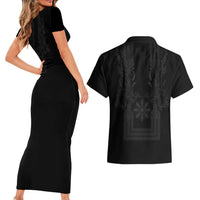 Philippines Barong Style Couples Matching Short Sleeve Bodycon Dress and Hawaiian Shirt with Polynesian Art and Leaf Motif Black Color LT03 - Polynesian Pride