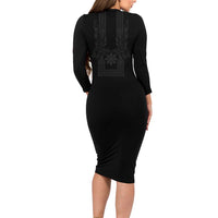 Philippines Barong Style Family Matching Long Sleeve Bodycon Dress and Hawaiian Shirt with Polynesian Art and Leaf Motif Black Color LT03 - Polynesian Pride