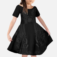 Philippines Barong Style Family Matching Puletasi and Hawaiian Shirt with Polynesian Art and Leaf Motif Black Color