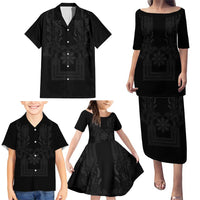 Philippines Barong Style Family Matching Puletasi and Hawaiian Shirt with Polynesian Art and Leaf Motif Black Color