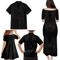 Philippines Barong Style Family Matching Puletasi and Hawaiian Shirt with Polynesian Art and Leaf Motif Black Color