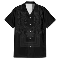 Philippines Barong Style Family Matching Puletasi and Hawaiian Shirt with Polynesian Art and Leaf Motif Black Color