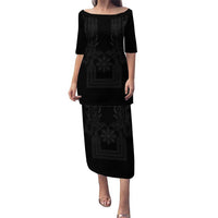 Philippines Barong Style Family Matching Puletasi and Hawaiian Shirt with Polynesian Art and Leaf Motif Black Color