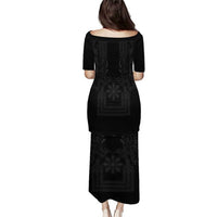 Philippines Barong Style Family Matching Puletasi and Hawaiian Shirt with Polynesian Art and Leaf Motif Black Color