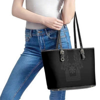 Philippines Barong Style Leather Tote Bag with Polynesian Art and Leaf Motif Black Color LT03 - Polynesian Pride