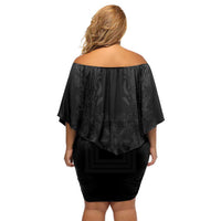 Philippines Barong Style Off Shoulder Short Dress with Polynesian Art and Leaf Motif Black Color LT03 - Polynesian Pride