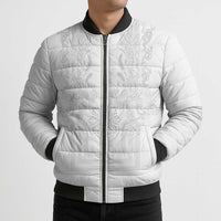 Philippines Barong Style Bomber Puffer Jacket with Polynesian Art and Leaf Motif White Color