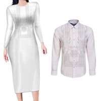 Philippines Barong Style Couples Matching Long Sleeve Bodycon Dress and Long Sleeve Button Shirt with Polynesian Art and Leaf Motif White Color
