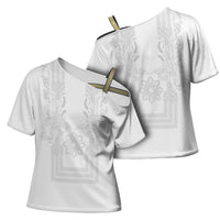 Philippines Barong Style Cross Shoulder Shirt with Polynesian Art and Leaf Motif White Color LT03 - Polynesian Pride