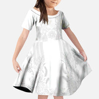 Philippines Barong Style Family Matching Puletasi and Hawaiian Shirt with Polynesian Art and Leaf Motif White Color