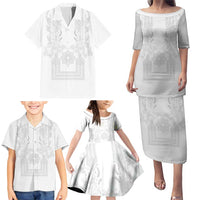Philippines Barong Style Family Matching Puletasi and Hawaiian Shirt with Polynesian Art and Leaf Motif White Color