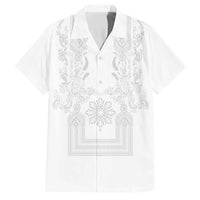 Philippines Barong Style Family Matching Puletasi and Hawaiian Shirt with Polynesian Art and Leaf Motif White Color