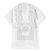 Philippines Barong Style Family Matching Puletasi and Hawaiian Shirt with Polynesian Art and Leaf Motif White Color