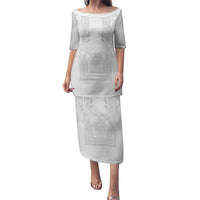 Philippines Barong Style Family Matching Puletasi and Hawaiian Shirt with Polynesian Art and Leaf Motif White Color