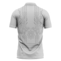 Philippines Barong Style Zipper Polo Shirt with Polynesian Art and Leaf Motif White Color LT03 - Polynesian Pride