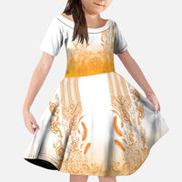 Philippines Barong Style Family Matching Mermaid Dress and Hawaiian Shirt with Polynesian Art and Leaf Motif Yellow Color