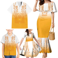 Philippines Barong Style Family Matching Mermaid Dress and Hawaiian Shirt with Polynesian Art and Leaf Motif Yellow Color