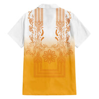 Philippines Barong Style Family Matching Mermaid Dress and Hawaiian Shirt with Polynesian Art and Leaf Motif Yellow Color