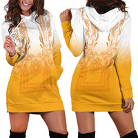 Philippines Barong Style Hoodie Dress with Polynesian Art and Leaf Motif Yellow Color