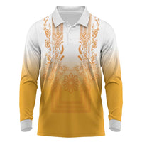 Philippines Barong Style Long Sleeve Polo Shirt with Polynesian Art and Leaf Motif Yellow Color
