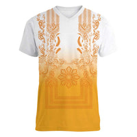 Philippines Barong Style Women V-Neck T-Shirt with Polynesian Art and Leaf Motif Yellow Color