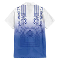 Philippines Barong Style Family Matching Off Shoulder Short Dress and Hawaiian Shirt with Polynesian Art and Leaf Motif Blue Color LT03 - Polynesian Pride