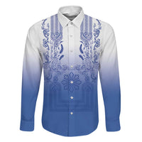 Philippines Barong Style Family Matching Off Shoulder Short Dress and Hawaiian Shirt with Polynesian Art and Leaf Motif Blue Color LT03 Dad's Shirt - Long Sleeve Blue - Polynesian Pride