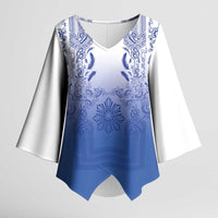 Philippines Barong Style Kimono Sleeve Blouse with Polynesian Art and Leaf Motif Blue Color