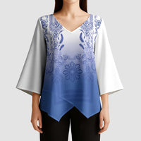 Philippines Barong Style Kimono Sleeve Blouse with Polynesian Art and Leaf Motif Blue Color