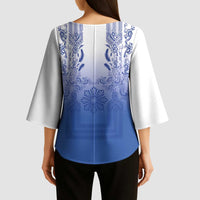 Philippines Barong Style Kimono Sleeve Blouse with Polynesian Art and Leaf Motif Blue Color