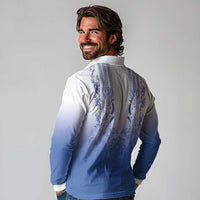 Philippines Barong Style Long Sleeve Polo Shirt with Polynesian Art and Leaf Motif Blue Color LT03 - Polynesian Pride