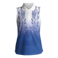Philippines Barong Style Women Sleeveless Polo Shirt with Polynesian Art and Leaf Motif Blue Color