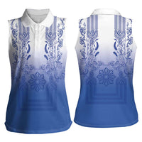 Philippines Barong Style Women Sleeveless Polo Shirt with Polynesian Art and Leaf Motif Blue Color