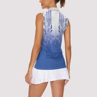 Philippines Barong Style Women Sleeveless Polo Shirt with Polynesian Art and Leaf Motif Blue Color