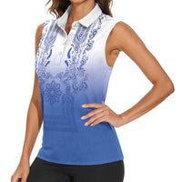 Philippines Barong Style Women Sleeveless Polo Shirt with Polynesian Art and Leaf Motif Blue Color