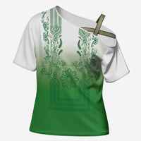 Philippines Barong Style Cross Shoulder Shirt with Polynesian Art and Leaf Motif Green Color LT03 Female Green - Polynesian Pride