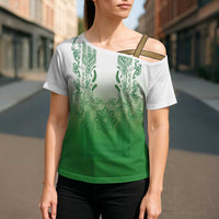 Philippines Barong Style Cross Shoulder Shirt with Polynesian Art and Leaf Motif Green Color LT03 - Polynesian Pride