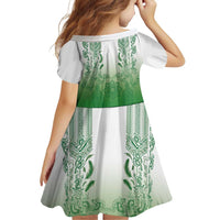 Philippines Barong Style Family Matching Mermaid Dress and Hawaiian Shirt with Polynesian Art and Leaf Motif Green Color