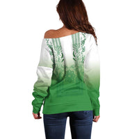 Philippines Barong Style Off Shoulder Sweater with Polynesian Art and Leaf Motif Green Color LT03 - Polynesian Pride