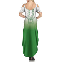 Philippines Barong Style Summer Maxi Dress with Polynesian Art and Leaf Motif Green Color LT03 - Polynesian Pride