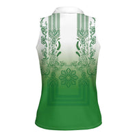 Philippines Barong Style Women Sleeveless Polo Shirt with Polynesian Art and Leaf Motif Green Color