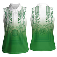Philippines Barong Style Women Sleeveless Polo Shirt with Polynesian Art and Leaf Motif Green Color