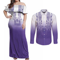 Philippines Barong Style Couples Matching Off Shoulder Maxi Dress and Long Sleeve Button Shirt with Polynesian Art and Leaf Motif Purple Color