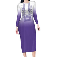 Philippines Barong Style Long Sleeve Bodycon Dress with Polynesian Art and Leaf Motif Purple Color
